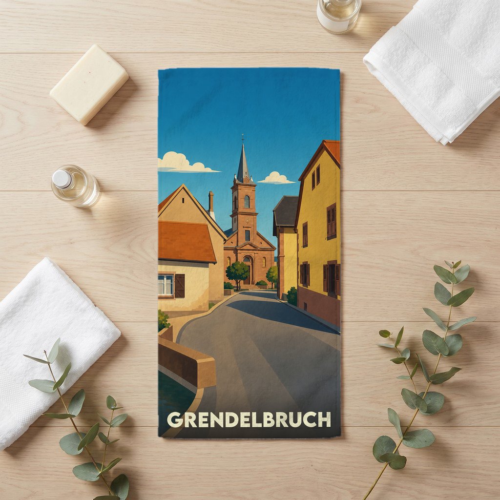 Serviette de bain souvenir de la ville de Grendelbruch avec une illustration stylisée d'une église et de maisons typiques.