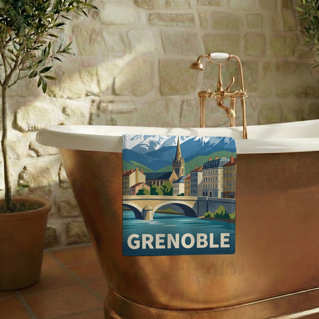 Serviette de bain souvenir de la ville de Grenoble avec une illustration stylisée.