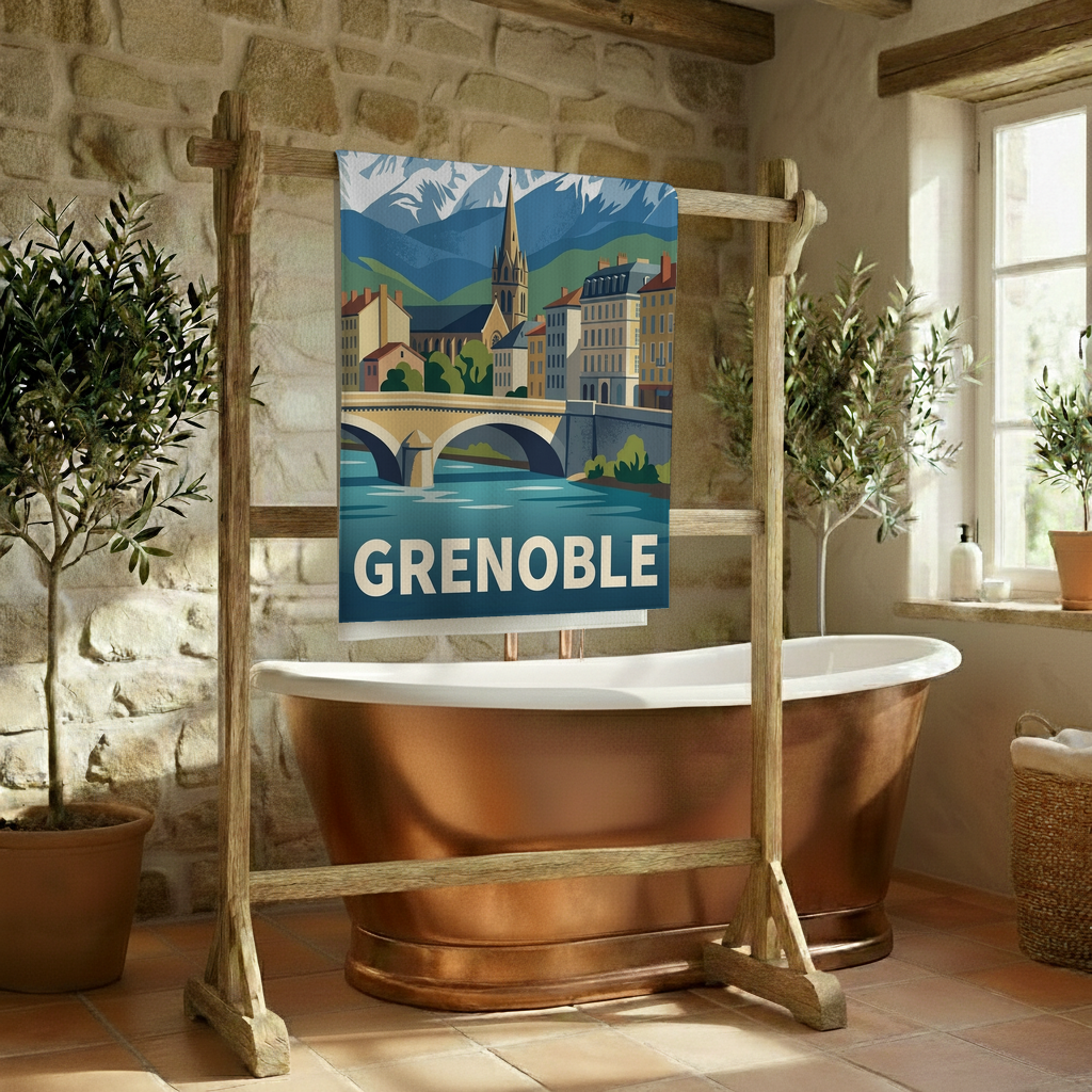 Serviette de bain souvenir de la ville de Grenoble avec une illustration stylisée.