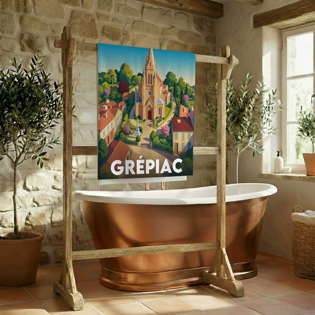 Serviette de bain souvenir de la ville de Grépiac avec une illustration stylisée.