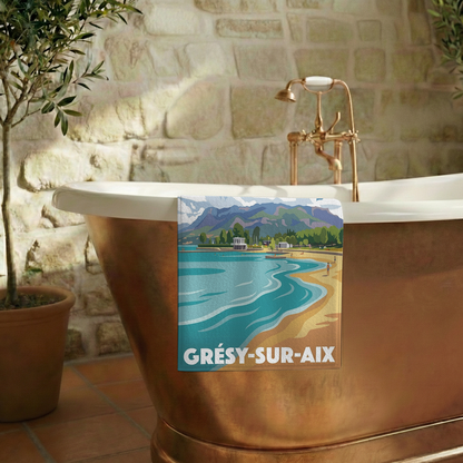 Serviette de bain souvenir de la ville de Grésy-sur-Aix avec une illustration stylisée.