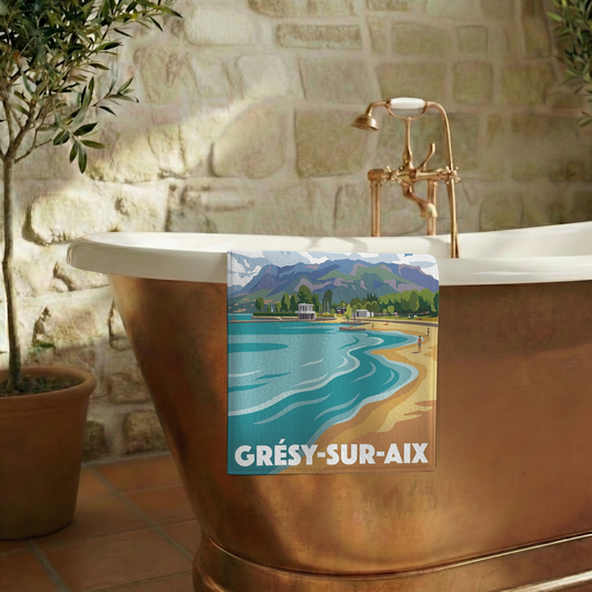 Serviette de bain souvenir de la ville de Grésy-sur-Aix avec une illustration stylisée.