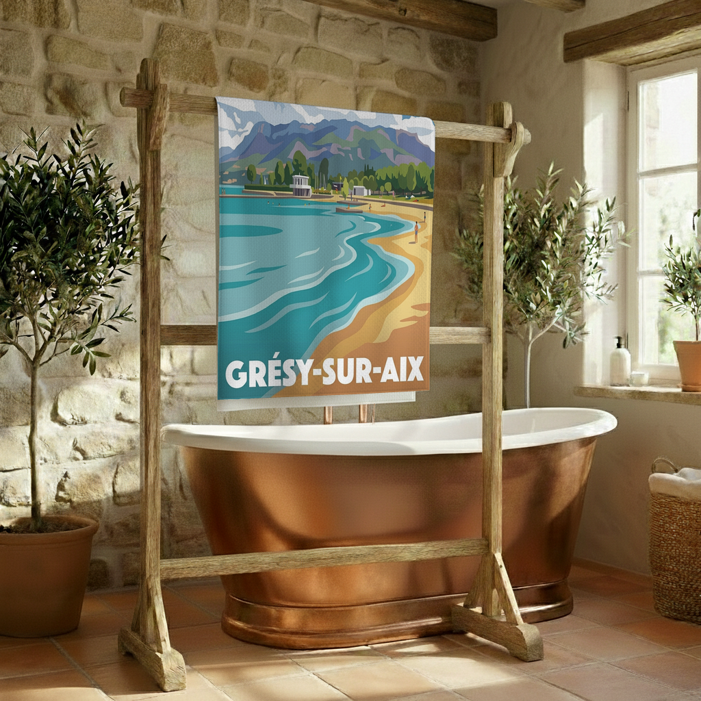 Serviette de bain souvenir de la ville de Grésy-sur-Aix avec une illustration stylisée.