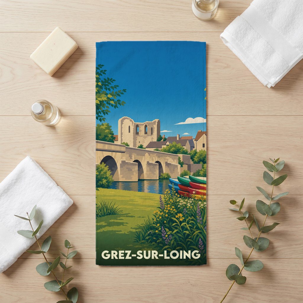 Serviette de bain souvenir de la ville de Grez-sur-Loing avec une illustration stylisée.