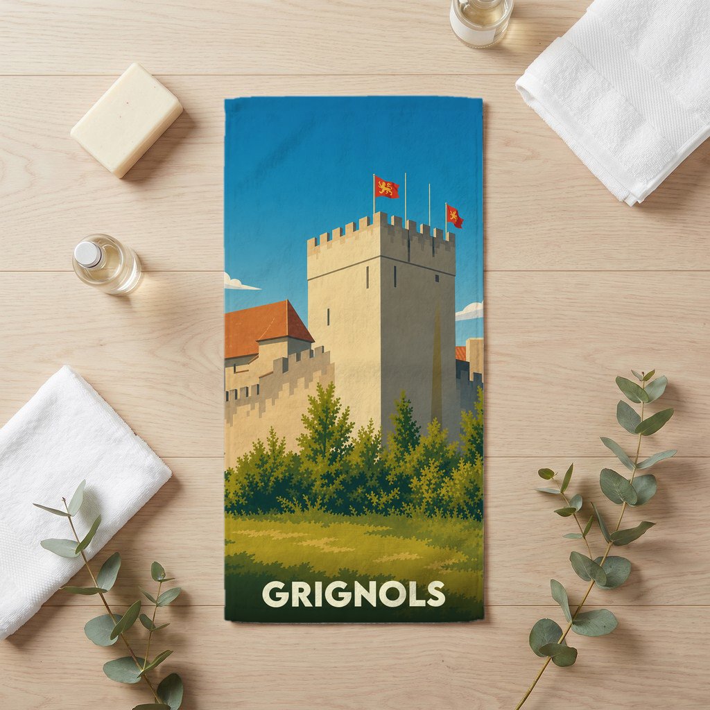 Serviette de bain souvenir de la ville de Grignols avec une illustration stylisée de son château.