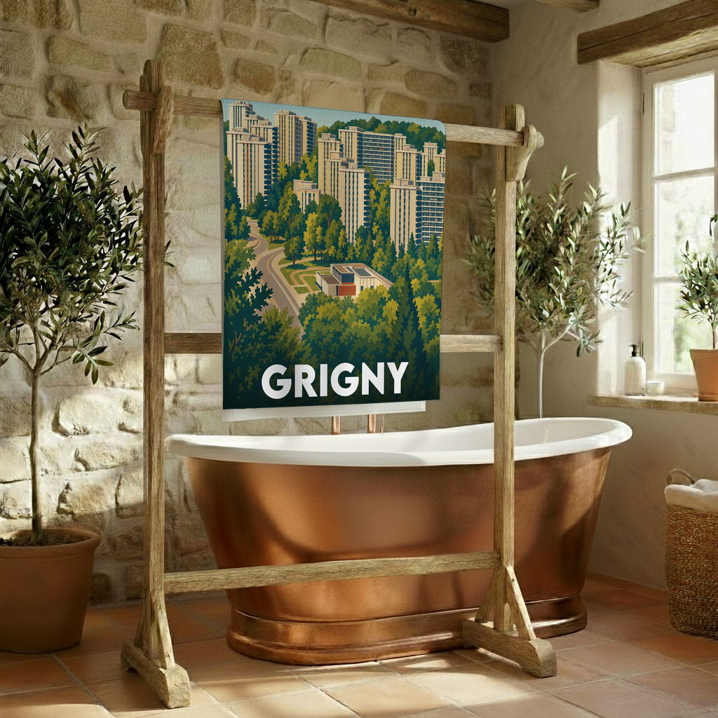 Serviette de bain souvenir de la ville de Grigny avec une illustration stylisée de son architecture urbaine et arborée.