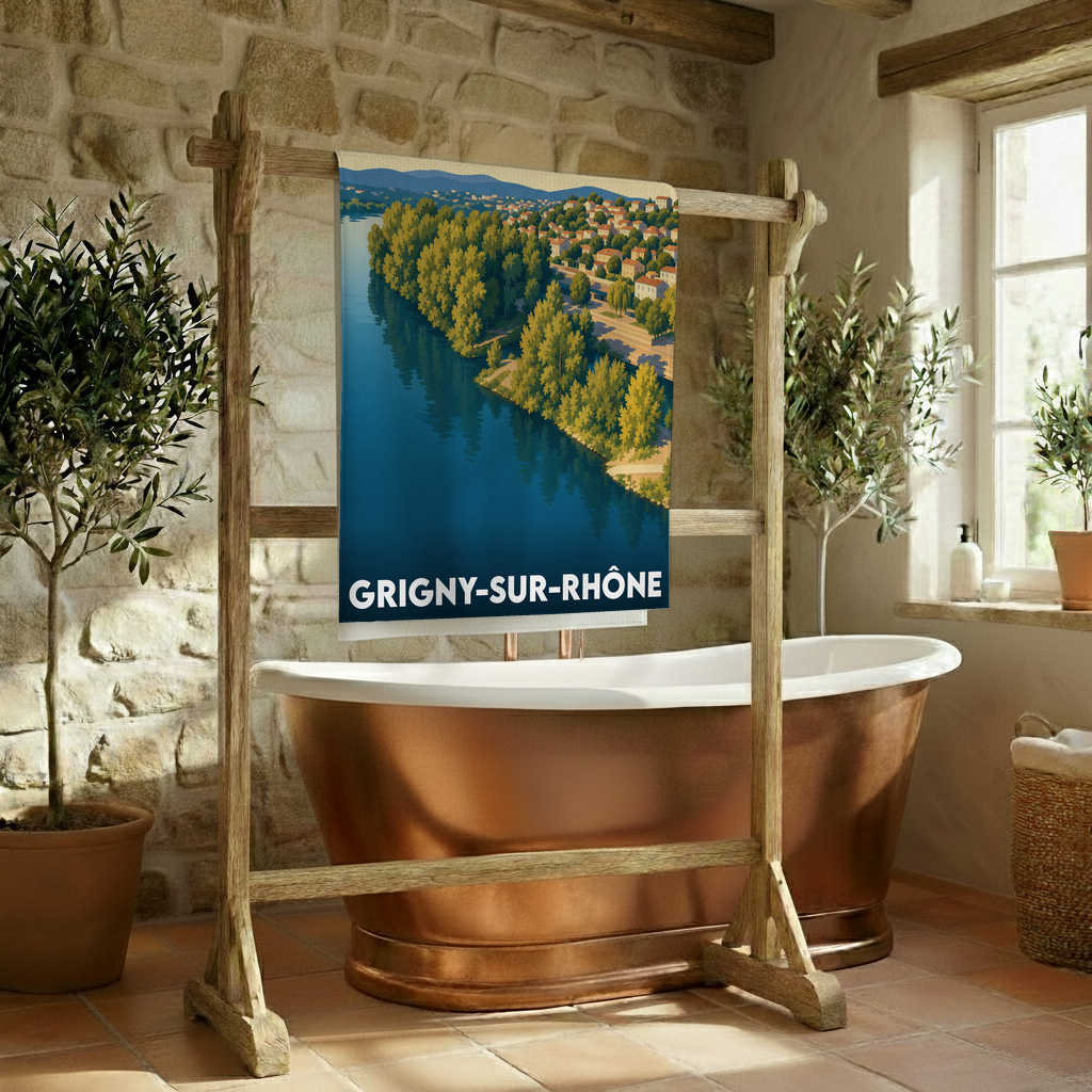 Serviette de bain souvenir de la ville de Grigny-sur-Rhône avec une illustration stylisée des bords du Rhône.