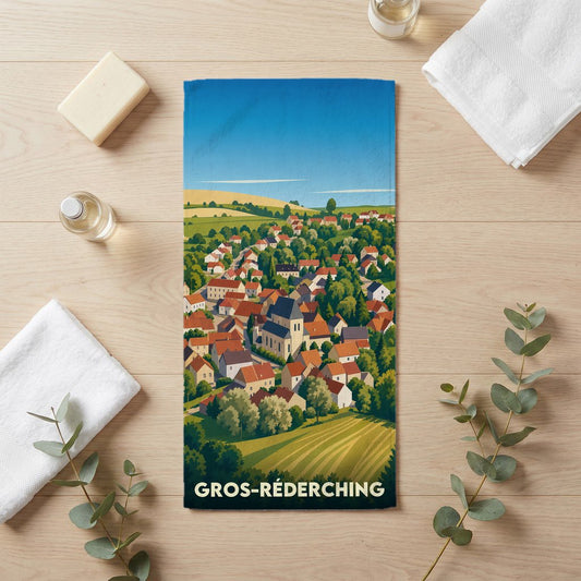 Serviette de bain souvenir de la ville de Gros-Réderching avec une illustration stylisée.
