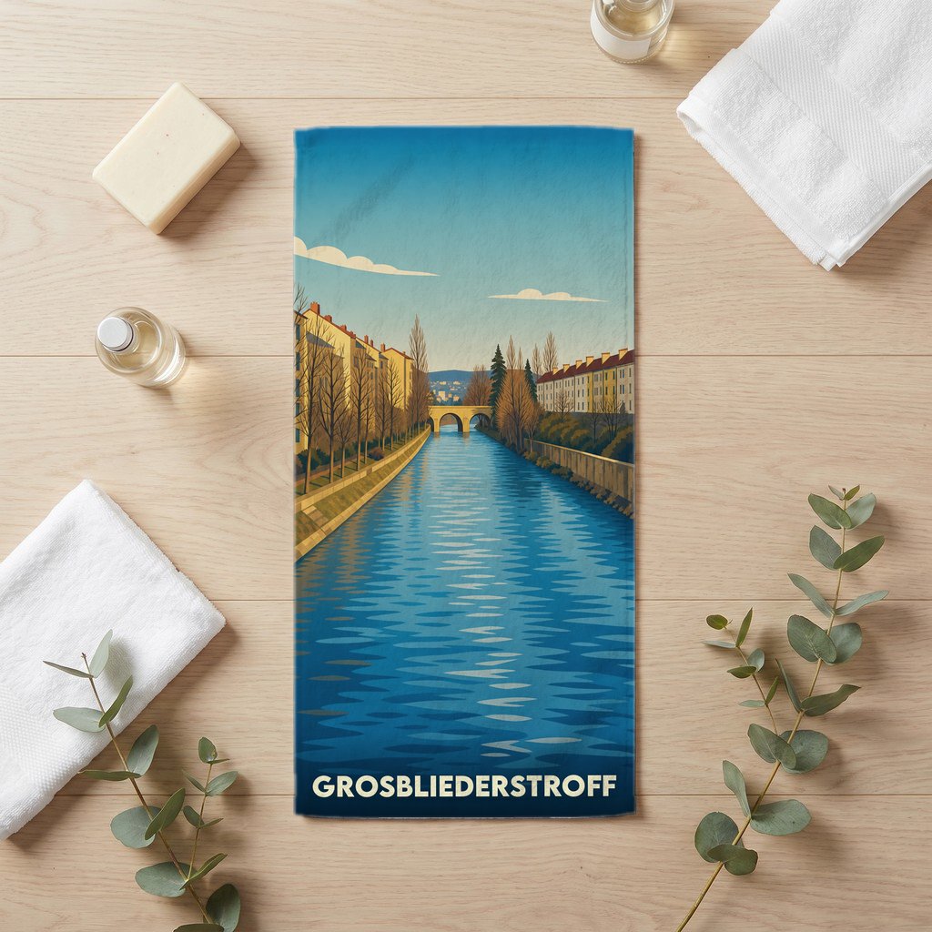 Serviette de bain souvenir de la ville de Grosbliederstroff avec une illustration stylisée de son canal et d'un pont.