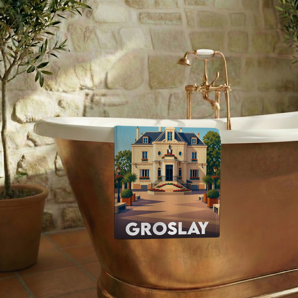Serviette de bain souvenir de la ville de Groslay avec une illustration stylisée.