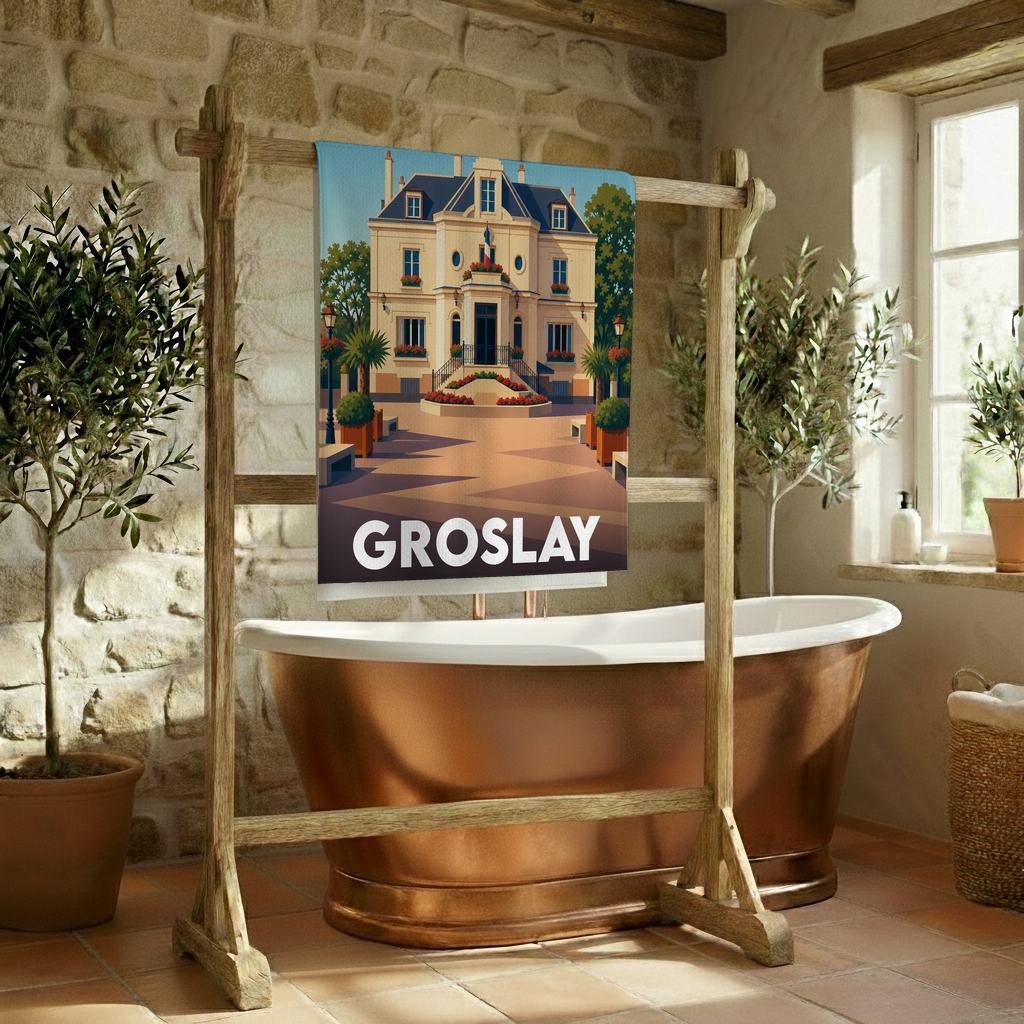 Serviette de bain souvenir de la ville de Groslay avec une illustration stylisée de sa mairie.