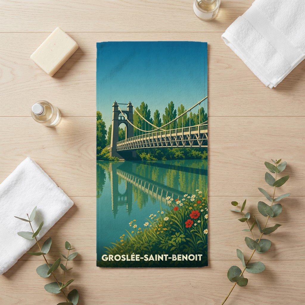Serviette de bain souvenir de Groslée-Saint-Benoit avec une illustration stylisée d'un pont suspendu.