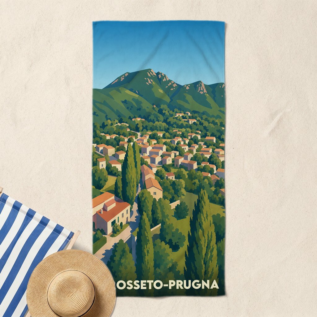Serviette de bain souvenir de la ville de Grosseto-Prugna avec une illustration stylisée de son paysage vallonné.