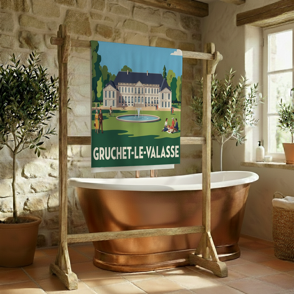Serviette de bain souvenir de la ville de Gruchet-le-Valasse avec une illustration stylisée.