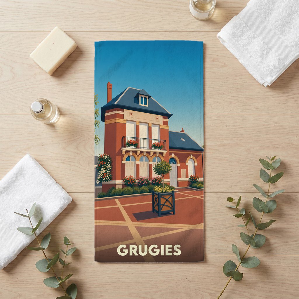 Serviette de bain souvenir de la ville de Grugies avec une illustration stylisée d'un bâtiment en briques.