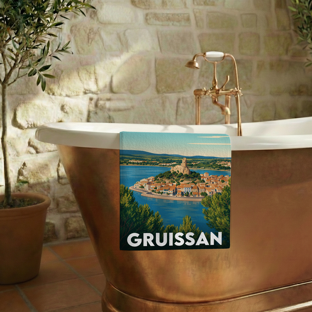 Serviette de bain souvenir de la ville de Gruissan avec une illustration stylisée de son paysage côtier.
