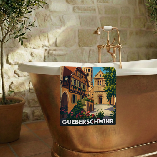 Serviette de bain souvenir de la ville de Gueberschwihr avec une illustration stylisée.