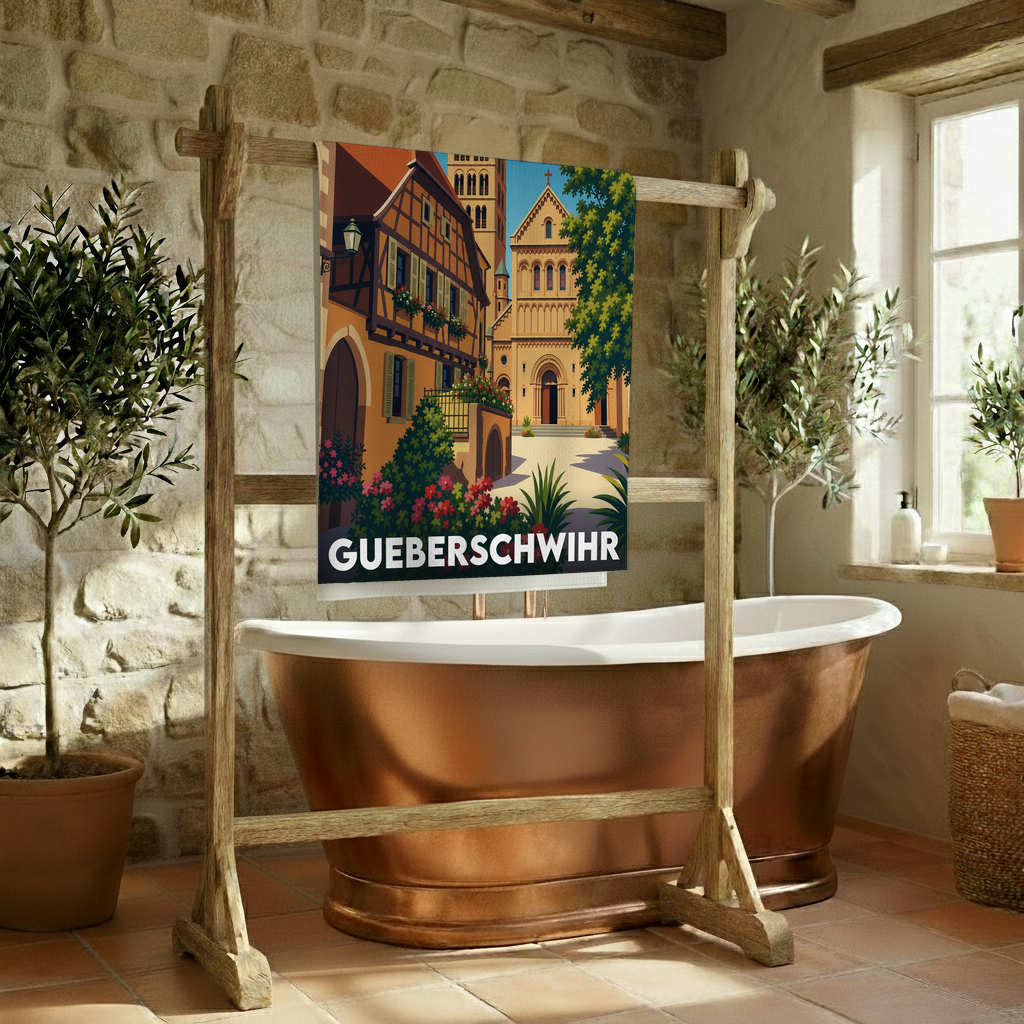 Serviette de bain souvenir de la ville de Gueberschwihr avec une illustration stylisée.