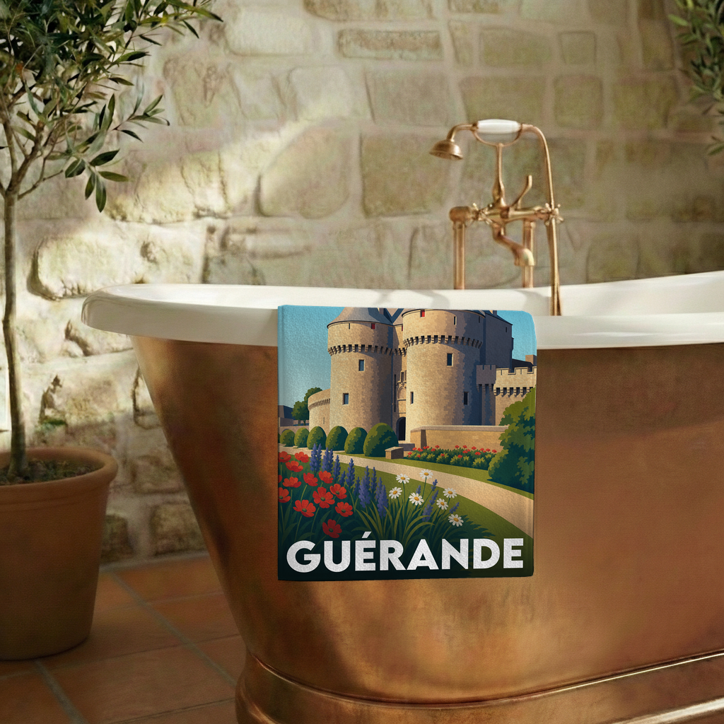 Serviette de bain souvenir de la ville de Guérande avec une illustration stylisée.