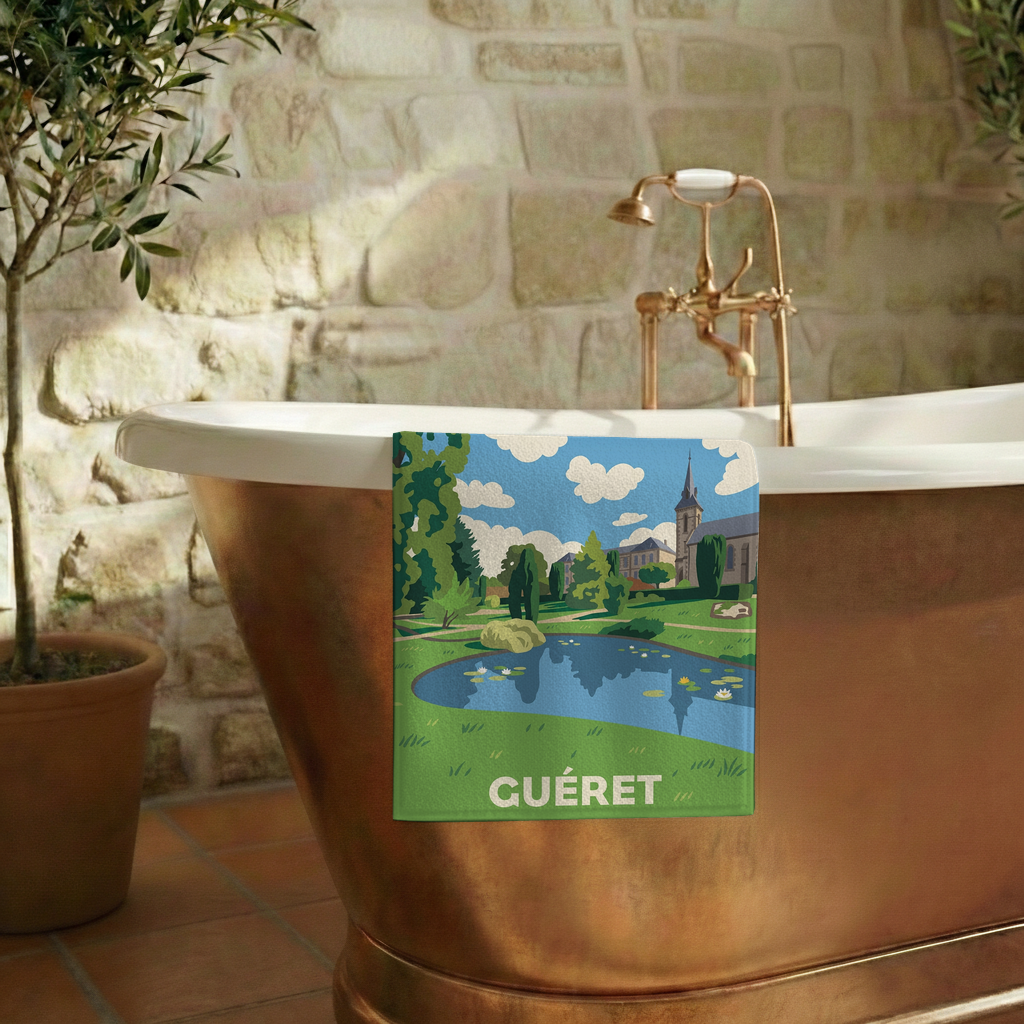 Serviette de bain souvenir de la ville de Guéret avec une illustration stylisée d'un parc.