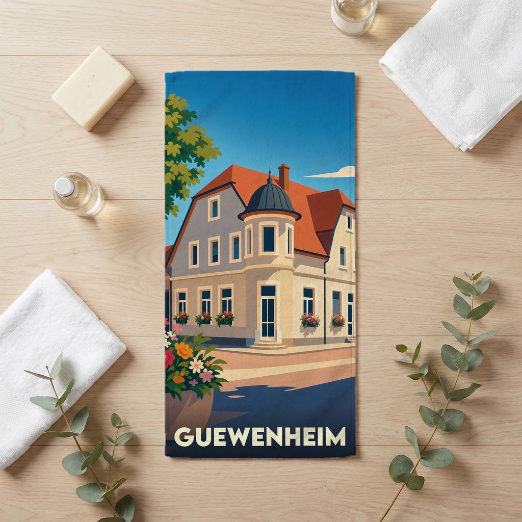 Serviette de bain souvenir de la ville de Guewenheim avec une illustration stylisée d'une maison alsacienne.