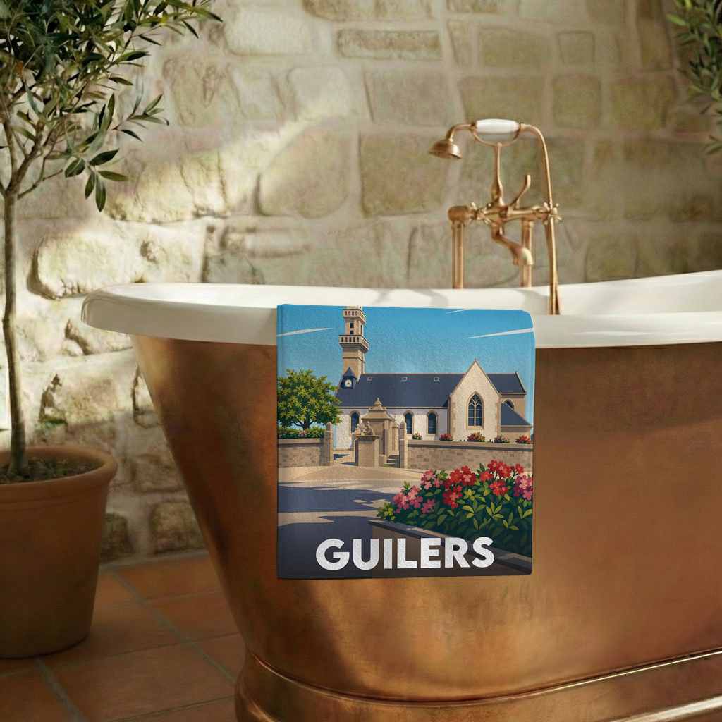 Serviette de bain souvenir de la ville de Guilers avec une illustration stylisée.