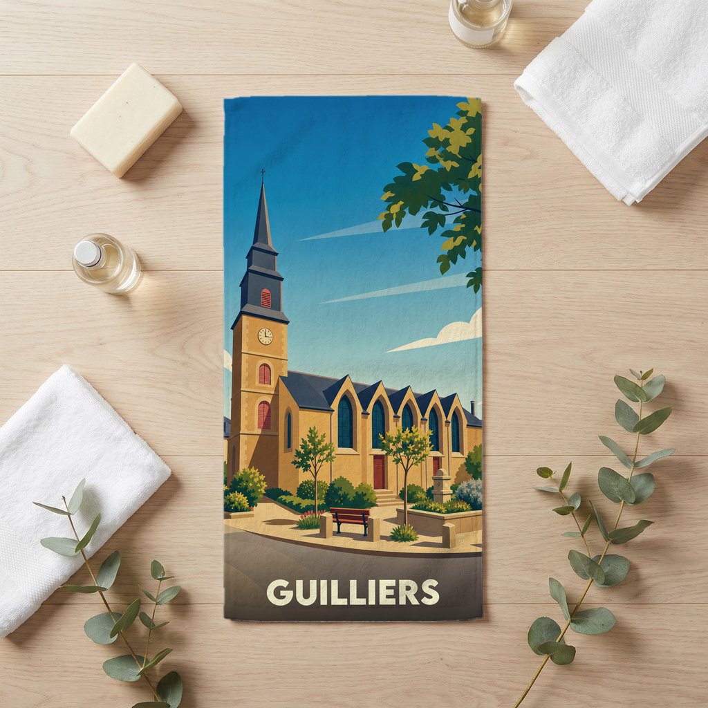 Serviette de bain souvenir de la ville de Guilliers avec une illustration stylisée de son église.