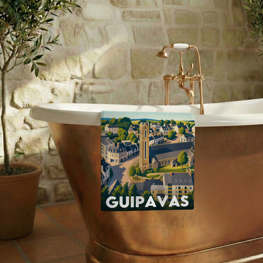 Serviette de bain souvenir de la ville de Guipavas avec une illustration stylisée.