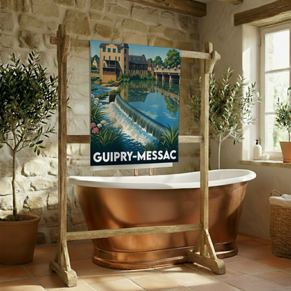 Serviette de bain souvenir de la ville de Guipry-Messac ornée d'une illustration stylisée de ses bords de rivière.