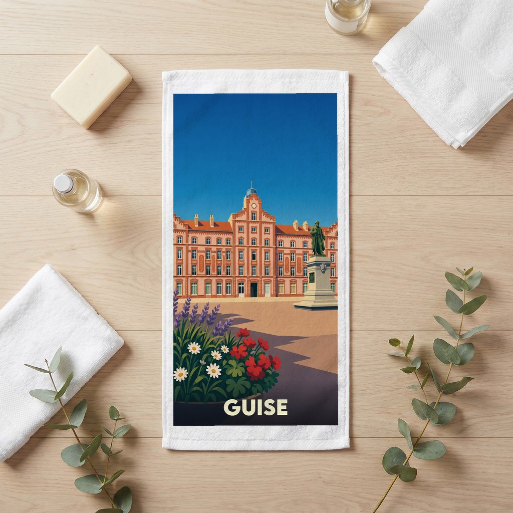 Serviette de bain souvenir de la ville de Guise avec une illustration stylisée du Familistère.