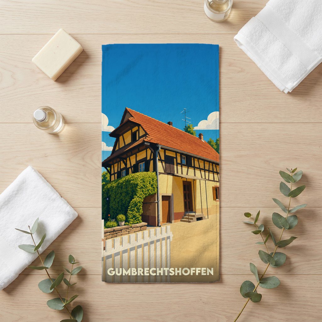 Serviette de bain souvenir de la ville de Gumbrechtshoffen avec une illustration stylisée d'une maison traditionnelle à colombages.