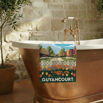 Serviette de bain souvenir de la ville de Guyancourt avec une illustration stylisée.