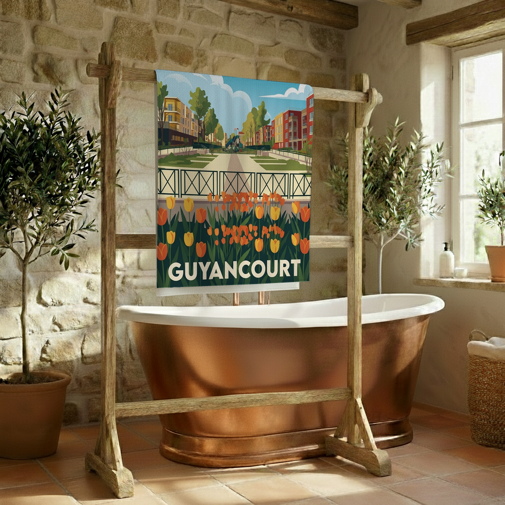 Serviette de bain souvenir de la ville de Guyancourt avec une illustration stylisée.