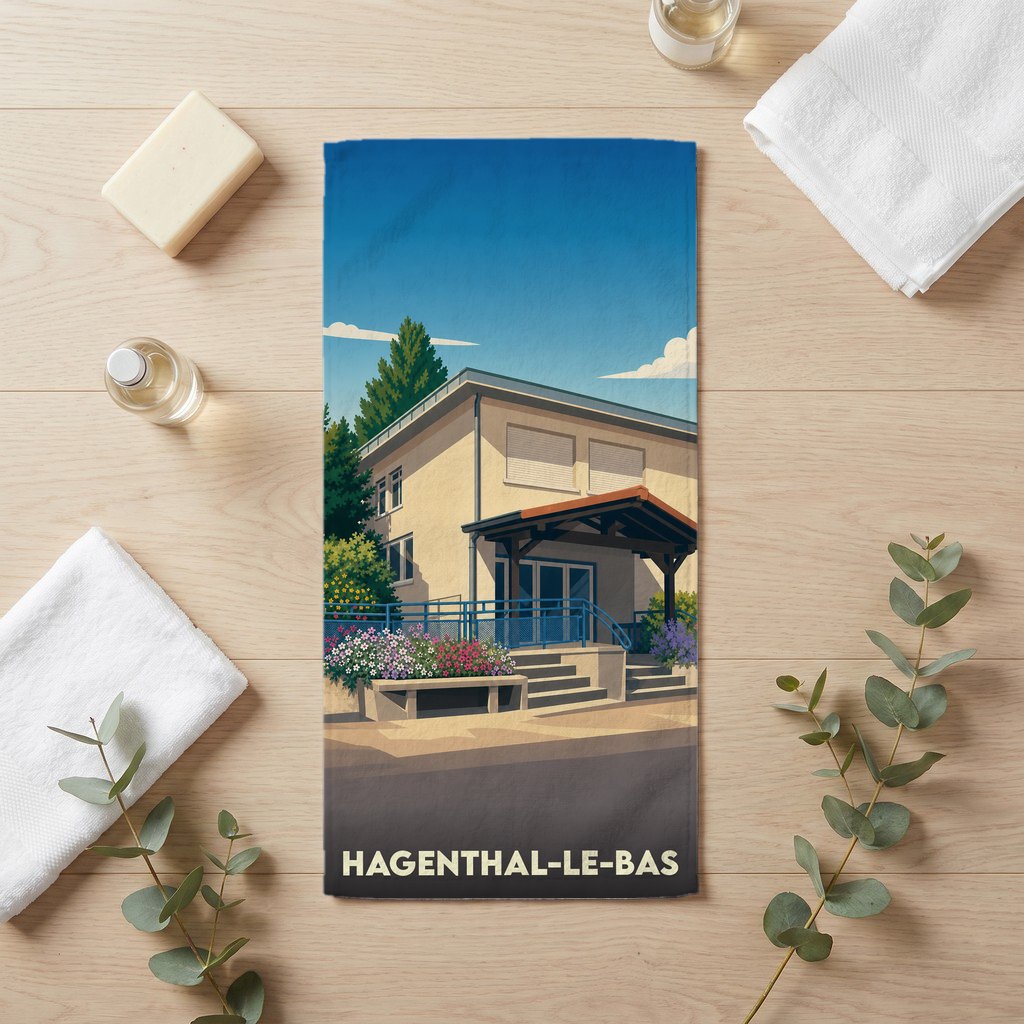 Serviette de bain souvenir de la ville de Hagenthal-le-Bas avec une illustration stylisée d'un bâtiment local.