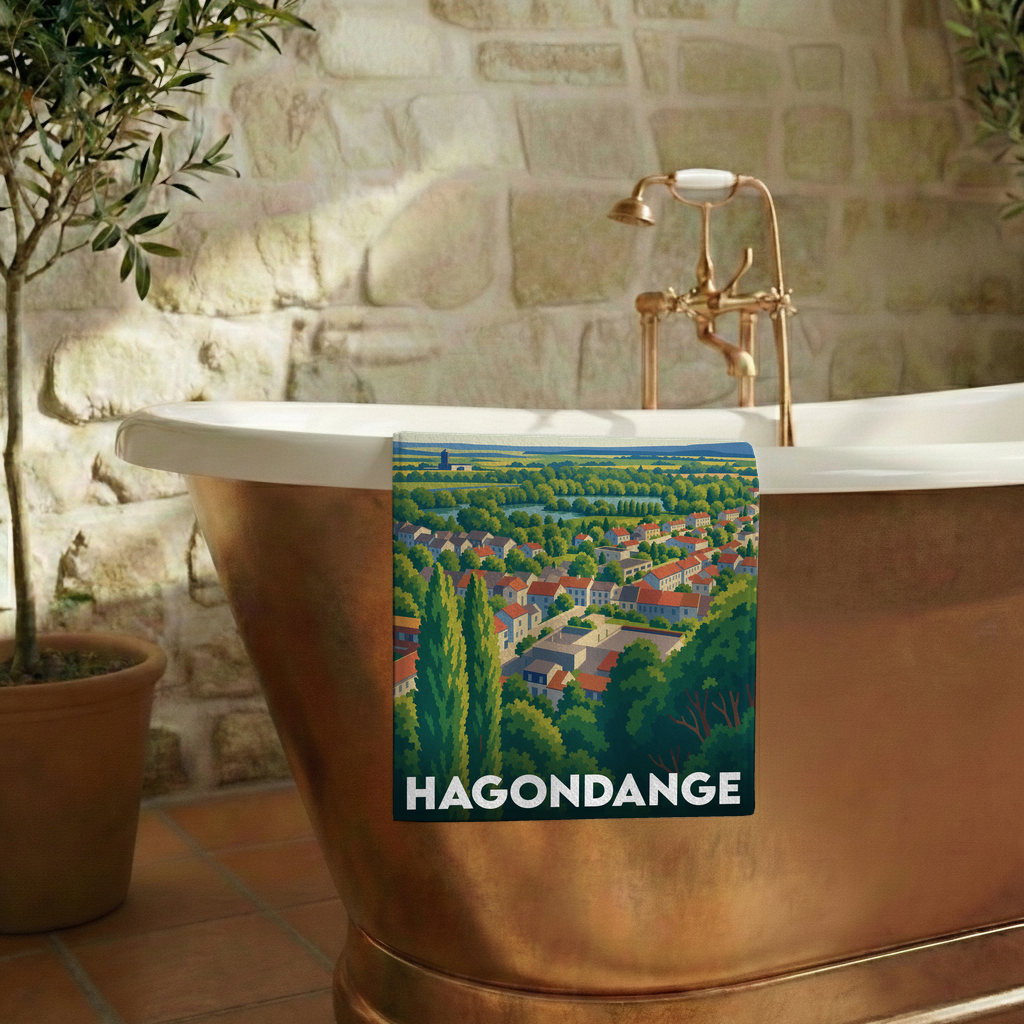 Serviette de bain souvenir de la ville de Hagondange avec une illustration stylisée de son paysage urbain.