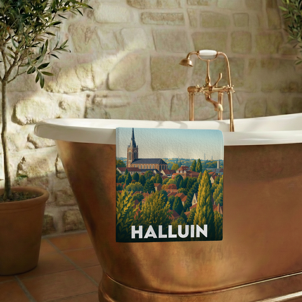 Serviette de bain souvenir de la ville de Halluin avec une illustration stylisée.