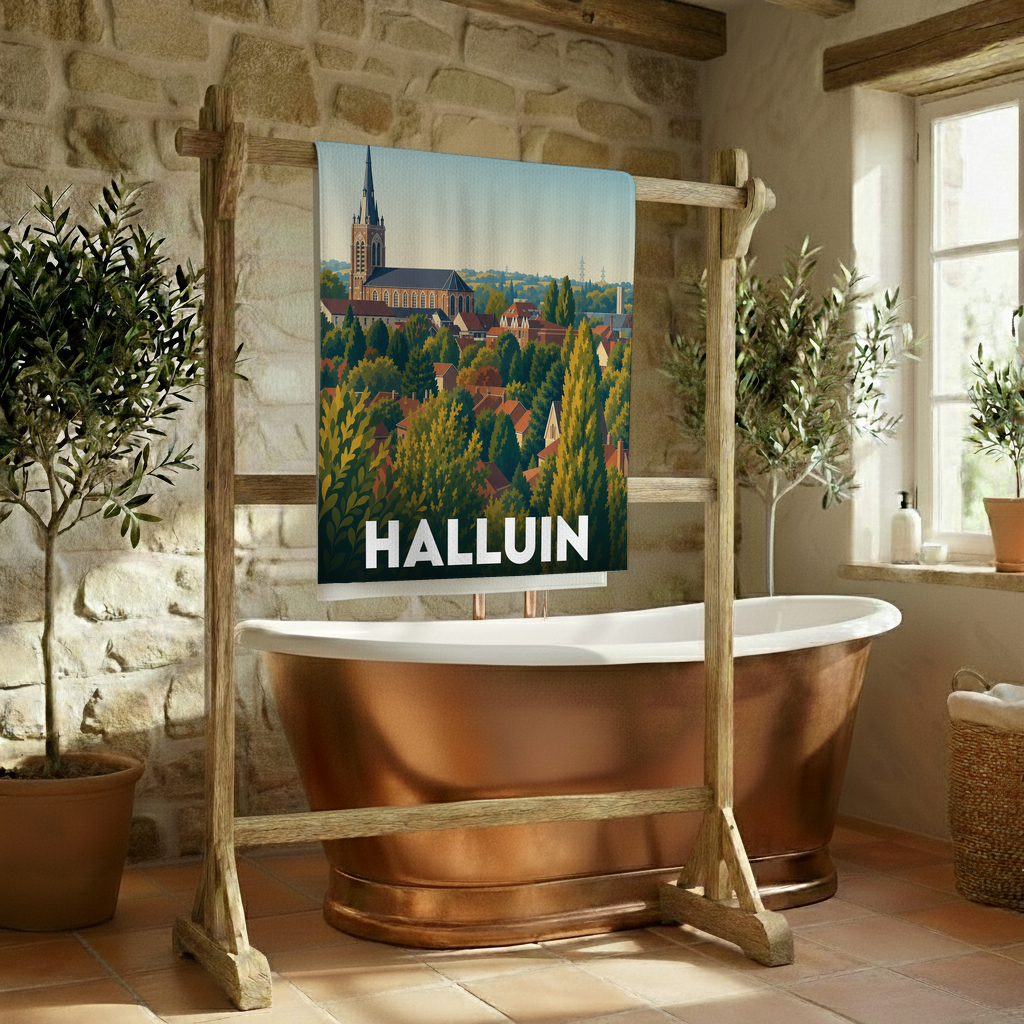 Serviette de bain souvenir de la ville de Halluin avec une illustration stylisée.