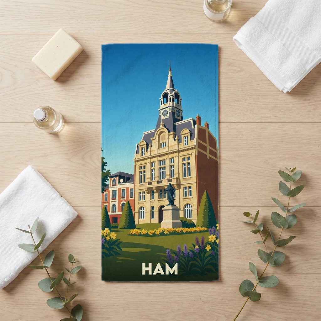 Serviette de bain souvenir de la ville de Ham avec une illustration stylisée de son hôtel de ville.