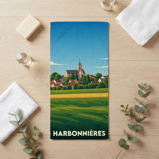 Serviette de bain souvenir de la ville de Harbonnières avec une illustration stylisée.