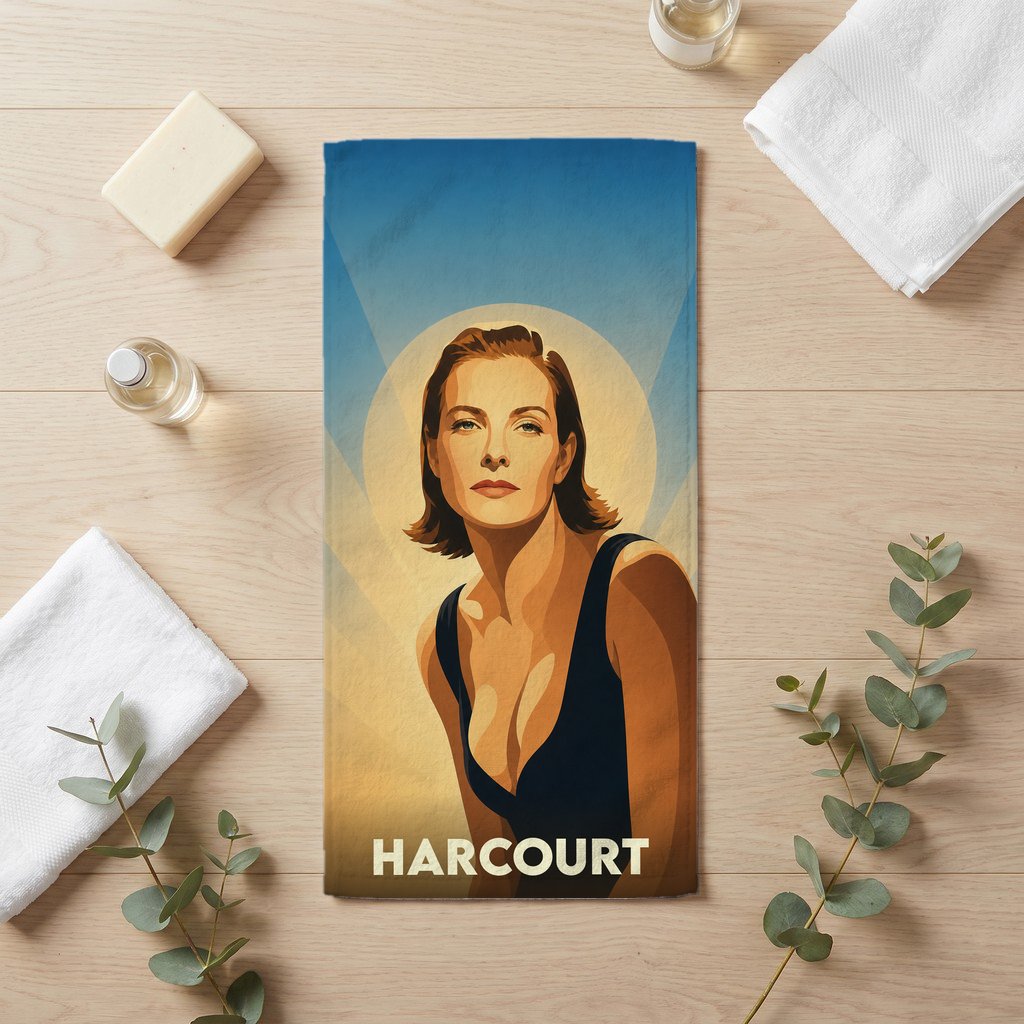Serviette de bain souvenir de la ville de Harcourt ornée d'une illustration stylisée d'une femme.