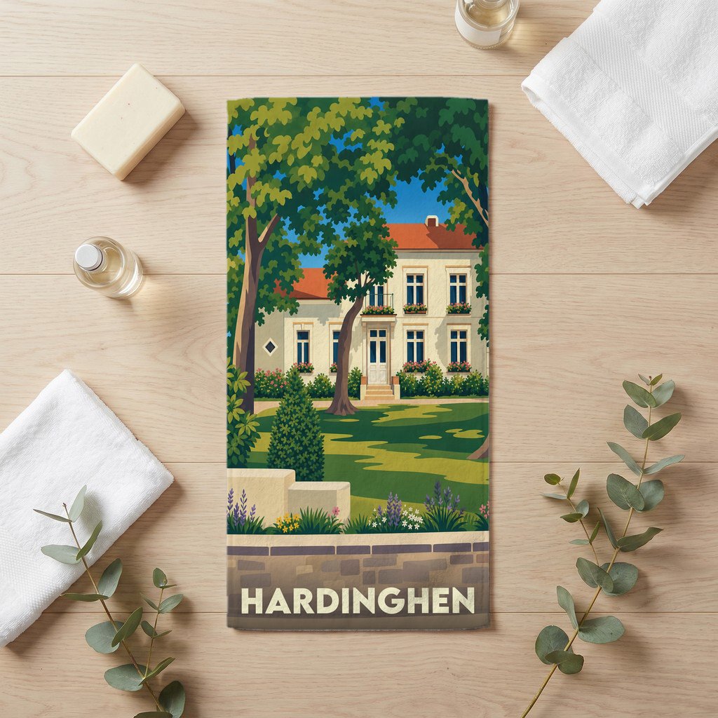 Serviette de bain souvenir de la ville de Hardinghen avec une illustration stylisée d'une maison de campagne.
