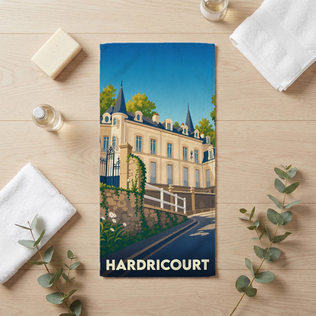 Serviette de bain souvenir de la ville de Hardricourt illustrée d'un château de style classique.