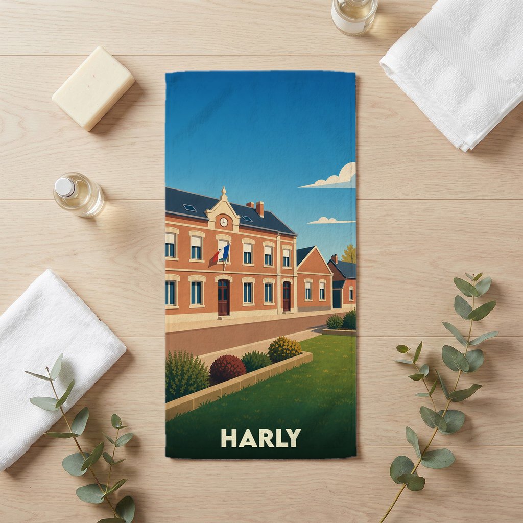 Serviette de bain souvenir de la ville de Harly avec une illustration stylisée.