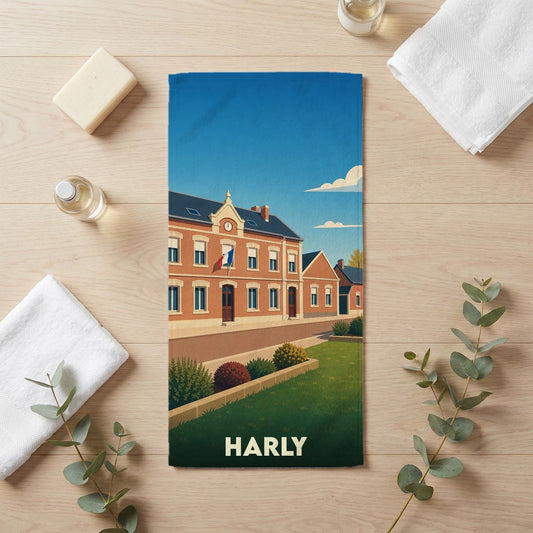Serviette de bain souvenir de la ville de Harly avec une illustration stylisée.