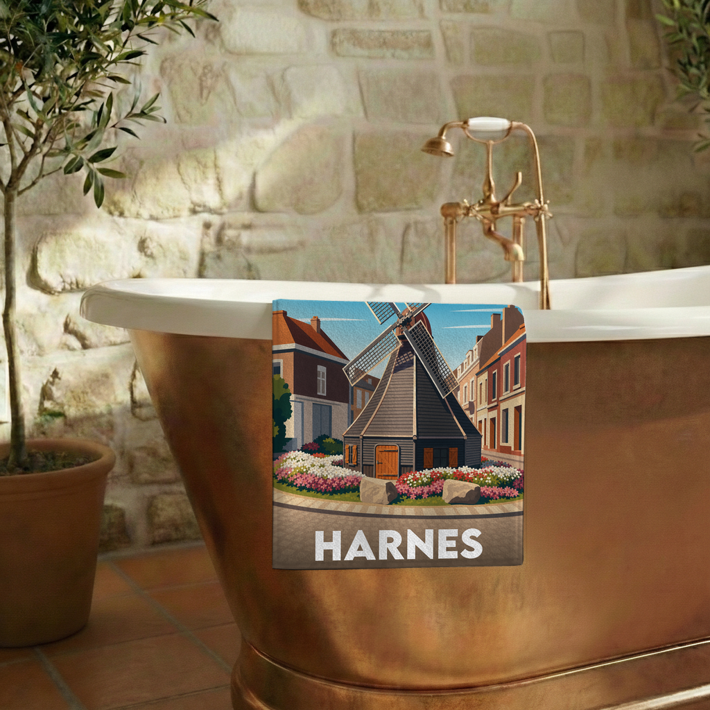 Serviette de bain souvenir de la ville de Harnes avec une illustration stylisée d'un moulin.