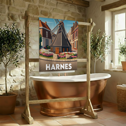 Serviette de bain souvenir de la ville de Harnes avec une illustration stylisée d'un moulin.