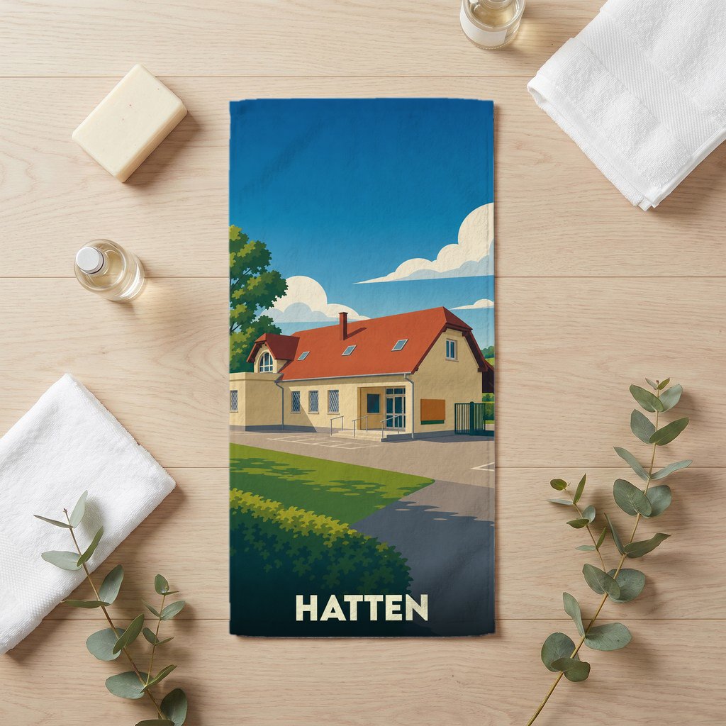 Serviette de bain souvenir de la ville de Hatten avec une illustration stylisée d'un bâtiment sous un ciel bleu.