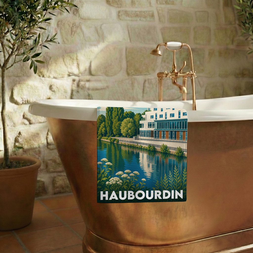Serviette de bain souvenir de la ville de Haubourdin avec une illustration stylisée.