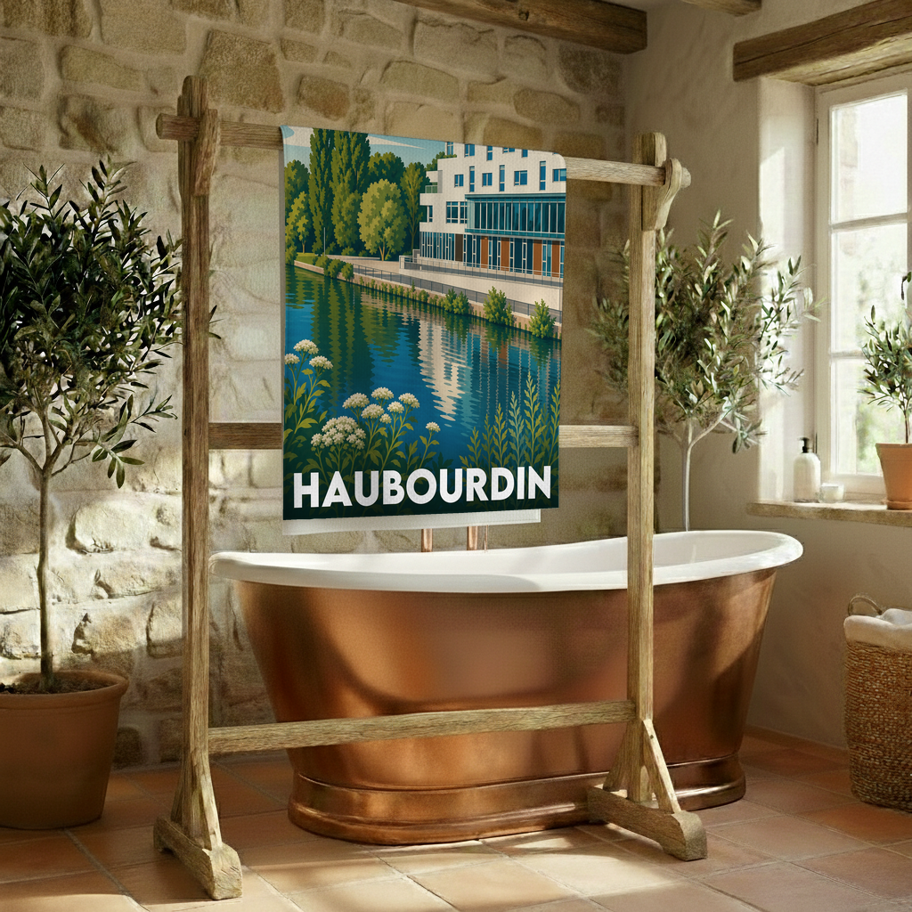 Serviette de bain souvenir de la ville de Haubourdin avec une illustration stylisée.
