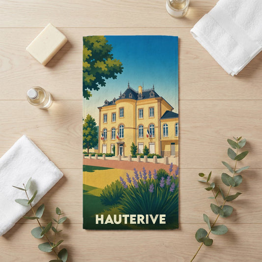 Serviette de bain souvenir de la ville de Hauterive avec une illustration stylisée.
